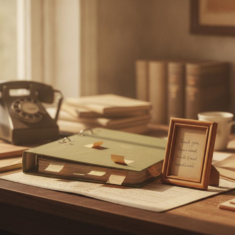 A dusty project binder pushed aside on an old desk, next to a framed handwritten thank-you card in sharp focus