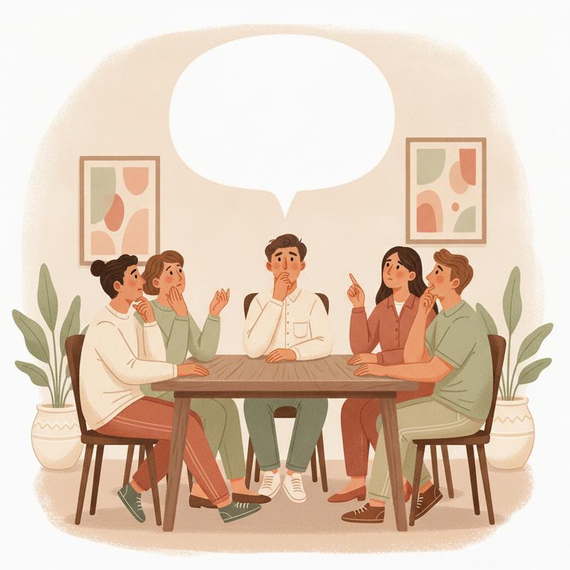 A small software team around a table looks up at an empty speech bubble above the head chair, each person guessing what it means