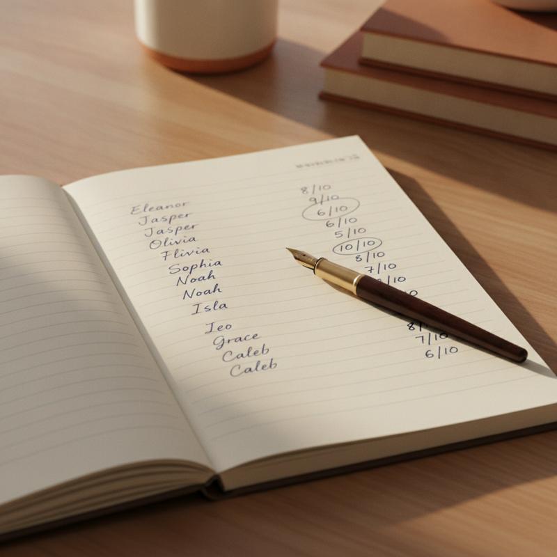 A handwritten list of names with a score out of ten beside each one, open notebook on a wooden desk in morning light