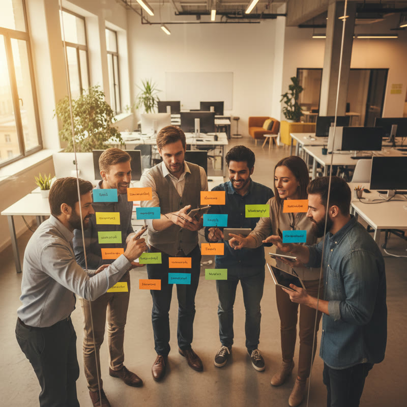 An engaged tech team gathered around an active strategy board in a modern office