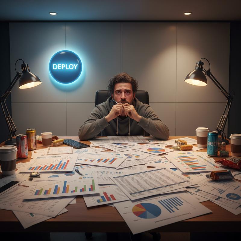 An engineer overwhelmed by benchmark charts with the DEPLOY button glowing untouched behind them