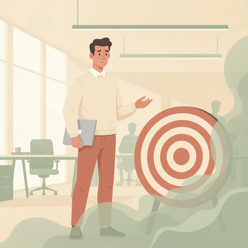 A software engineer holding a laptop stands in an open-plan office facing an archery target half-hidden in fog