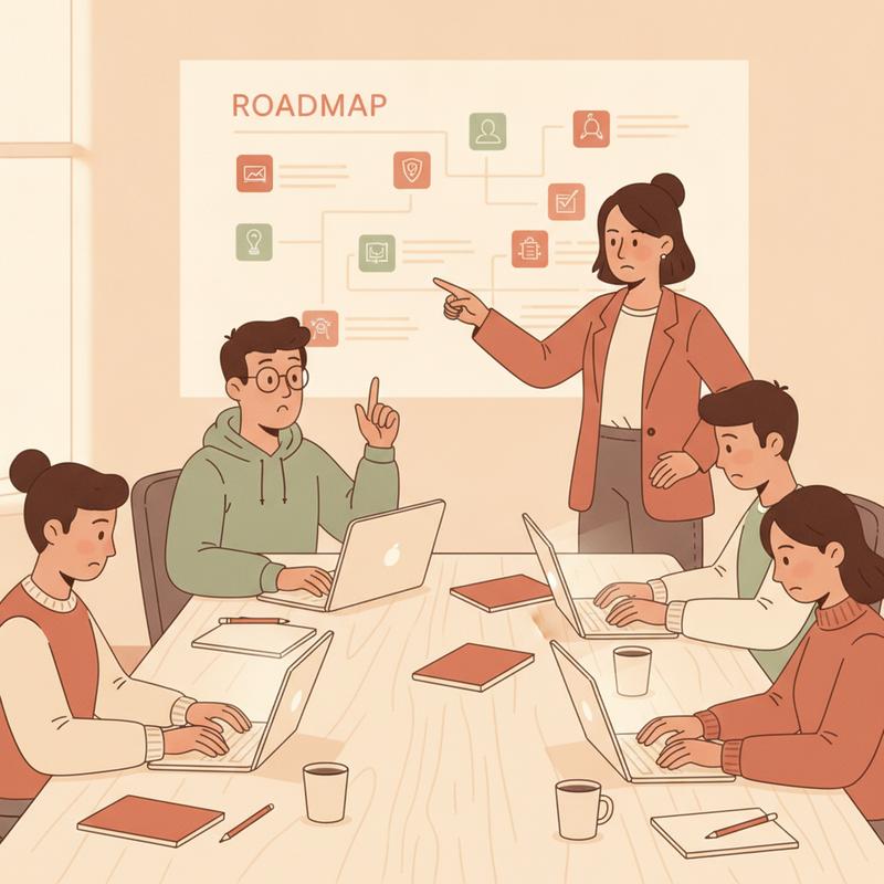 An engineer half-raises a hand in a planning meeting while a manager points at the roadmap and the rest of the team looks at their laptops