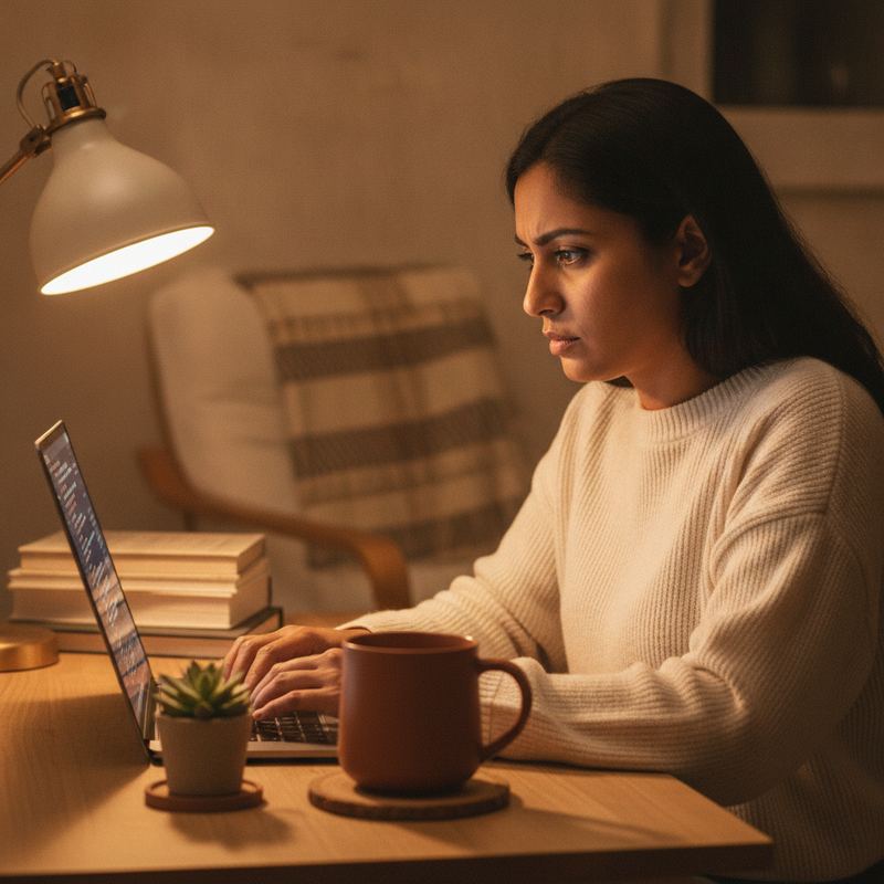 A self-taught engineer working late at a laptop in a home office