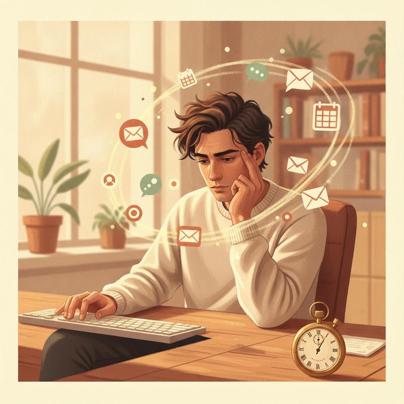 A software engineer at a wooden desk rubs their temple while chat bubbles, envelopes and calendar icons circle their head, a brass stopwatch on the desk
