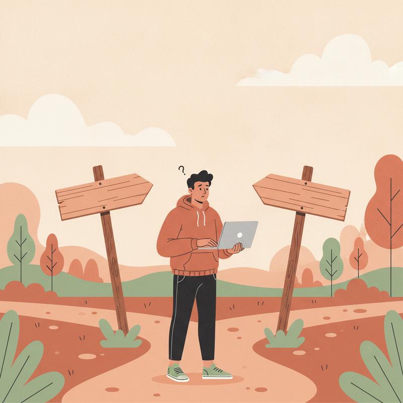 Software engineer holding a laptop at a fork in a dirt path between two blank wooden signposts, looking unsure