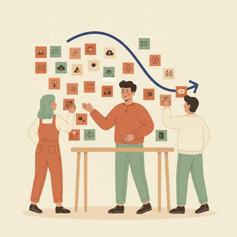 An engineer pointing at a wall of sticky note savings ideas while colleagues add more