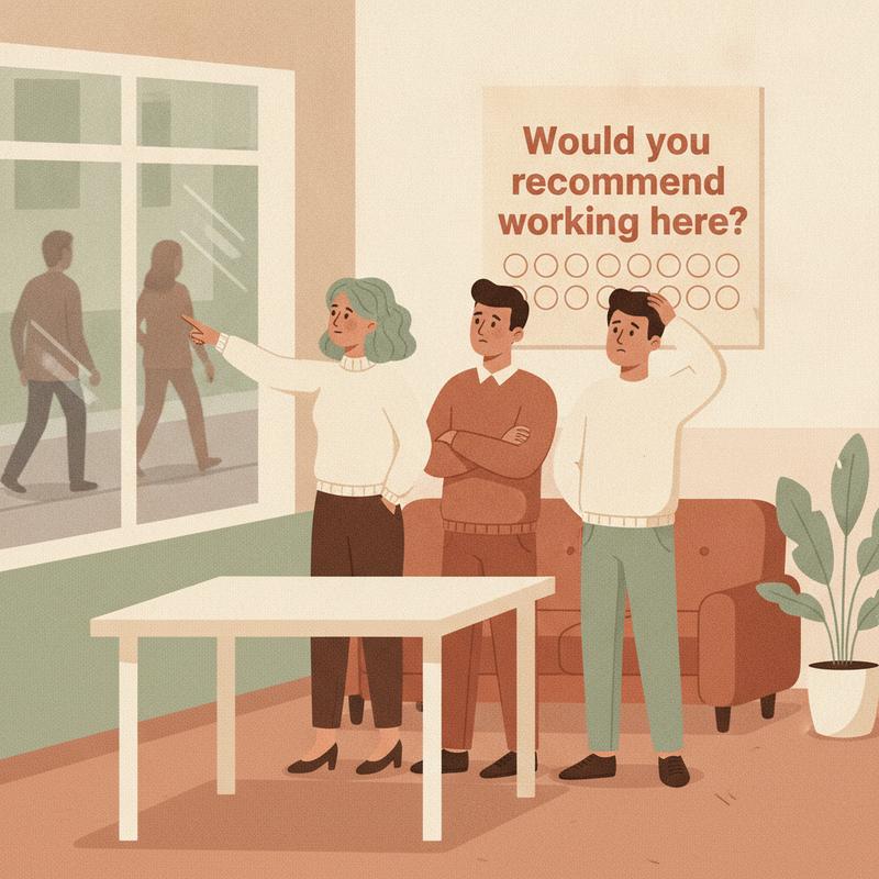 Three puzzled employees in a break room stare at a poster asking "Would you recommend working here?" while one points at strangers on the street