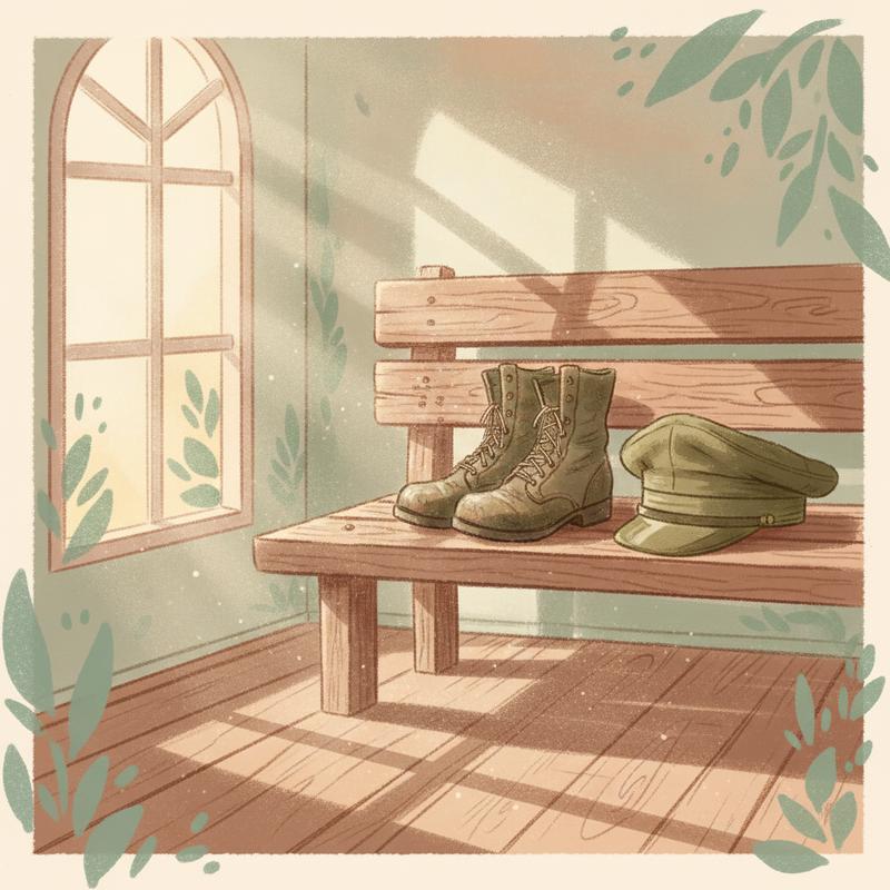 Worn army boots and a folded uniform cap resting on a plain wooden bench in morning light