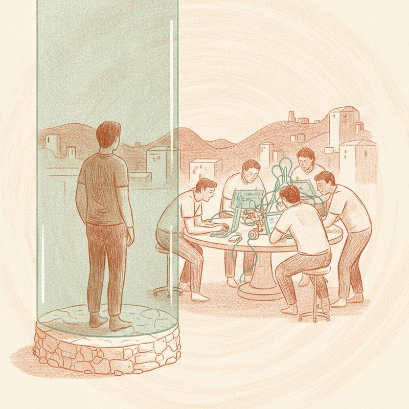 One person standing alone on a raised platform behind thick glass while a team works together on the other side