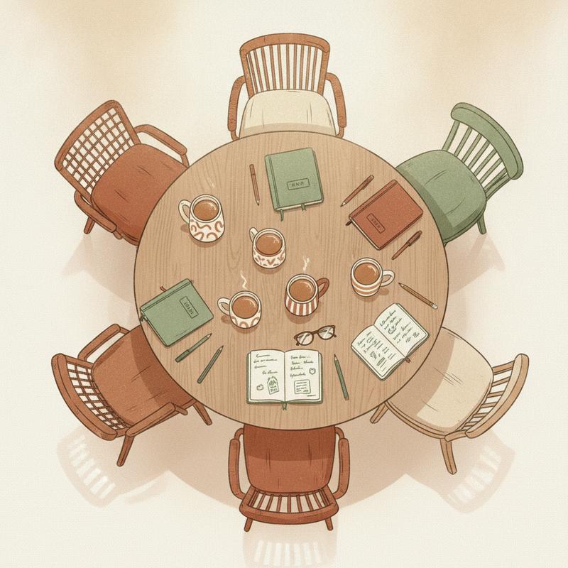 A round wooden table with no head seat, six mismatched chairs, mugs and open notebooks