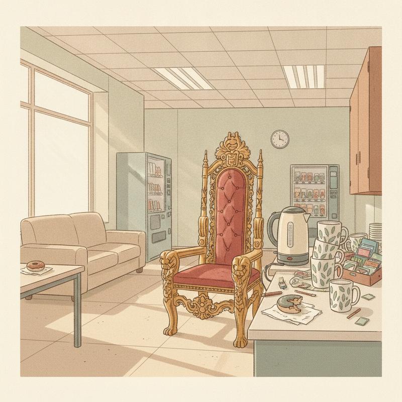 An ornate gilded throne standing absurdly in an ordinary office break room next to a kettle and a stack of mugs
