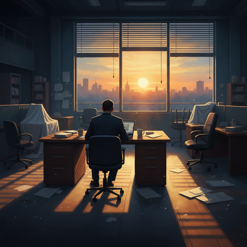 A tired executive sitting at a desk at dusk, looking out the window