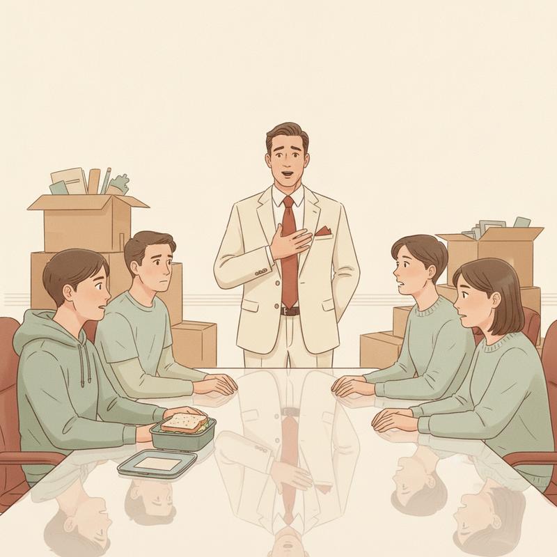 A leader in a pale suit talks with hand on heart while employees around the table exchange awkward glances among moving boxes