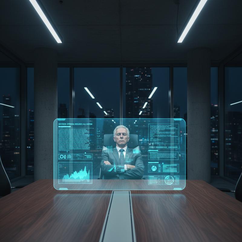 A business executive sitting back passively while an AI interface makes decisions on his behalf