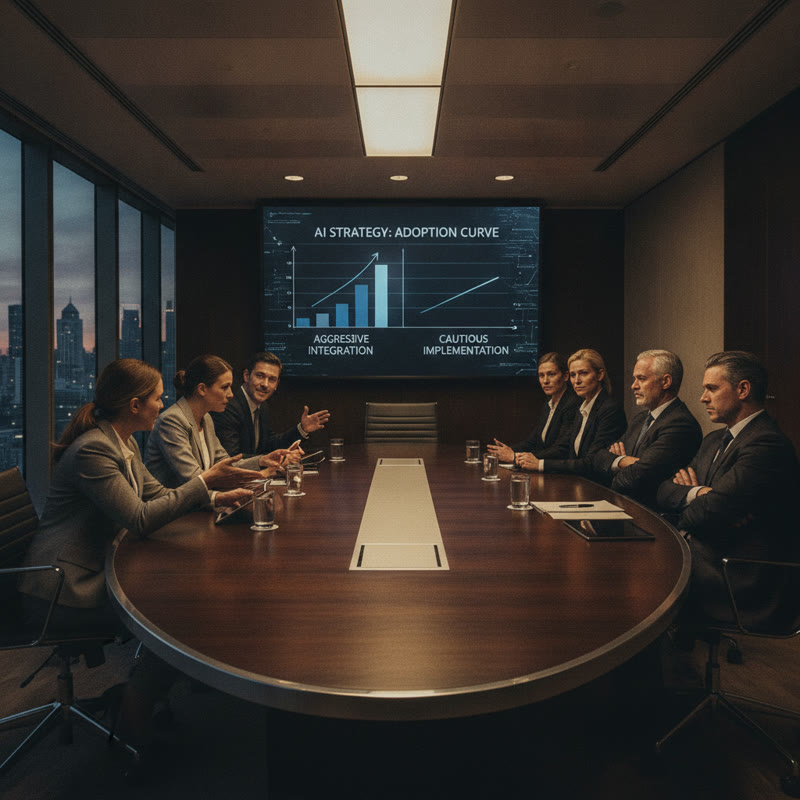 Corporate executives divided over AI strategy in a boardroom, some engaged, some resistant