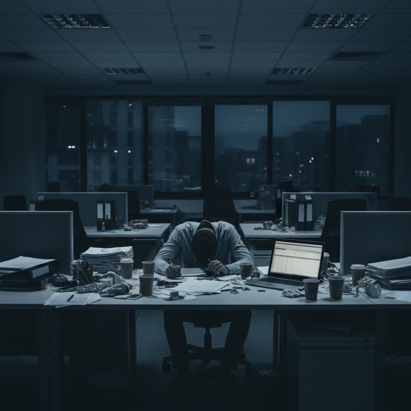 Exhausted worker alone at desk late at night