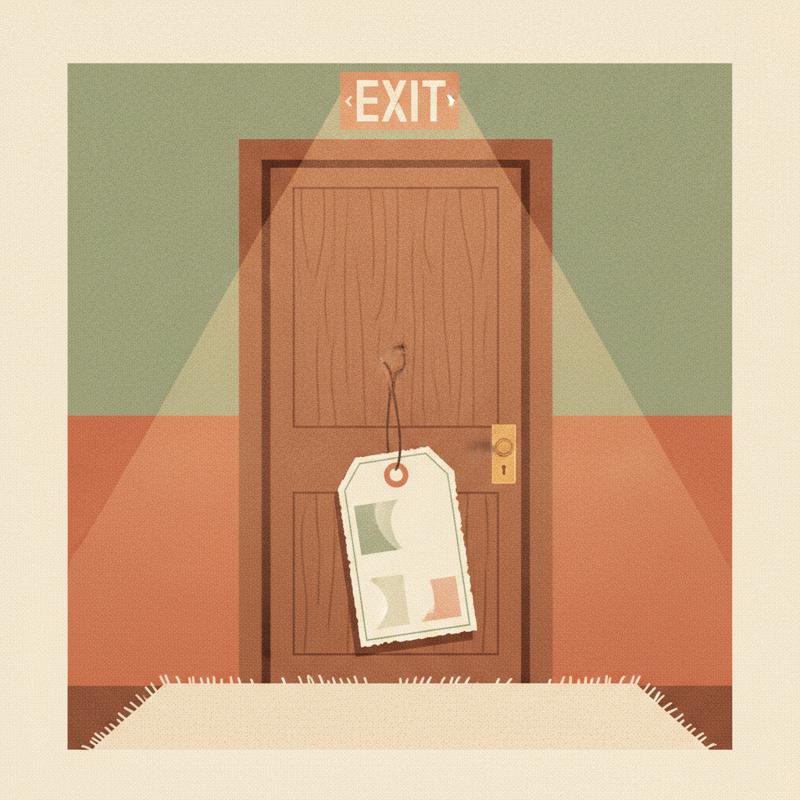 An office exit door with a glowing exit sign and a large paper price tag hanging from the handle