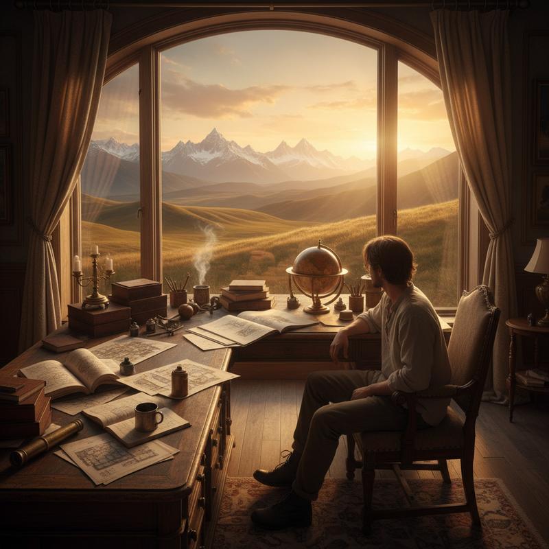 A person at a desk covered with maps, notebooks, and sketches, looking out at an open terrain with mountains in the distance