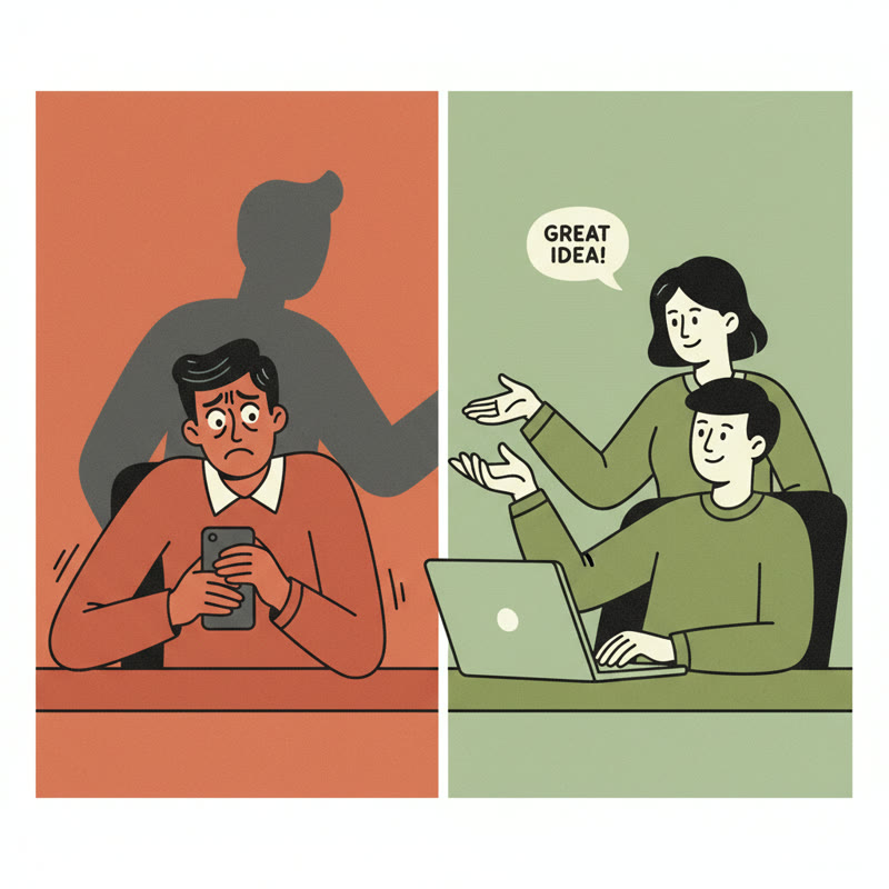 A split showing fear and secrecy on the left versus psychological safety and openness on the right in the workplace