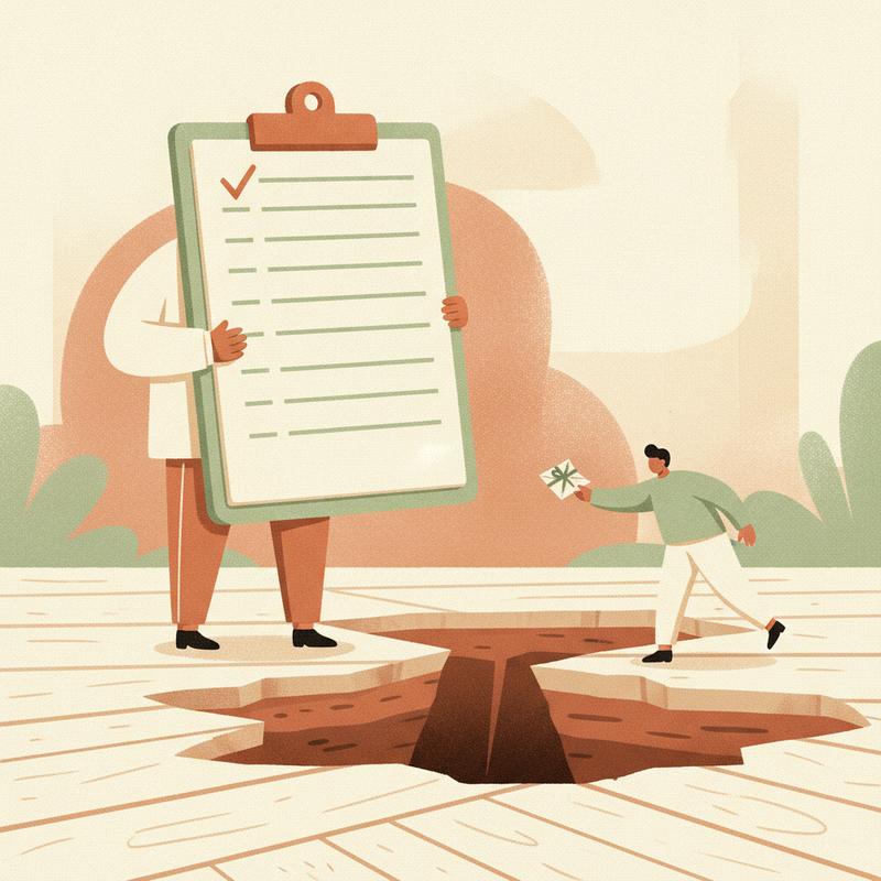 A manager holding a giant clipboard like a shield while a team member reaches across a crack in the floor holding out a small folded note