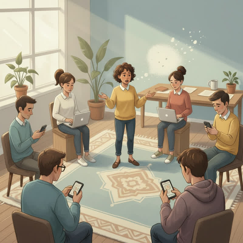 A team standup meeting where one person tries to speak while others look at phones, their words fading into nothing