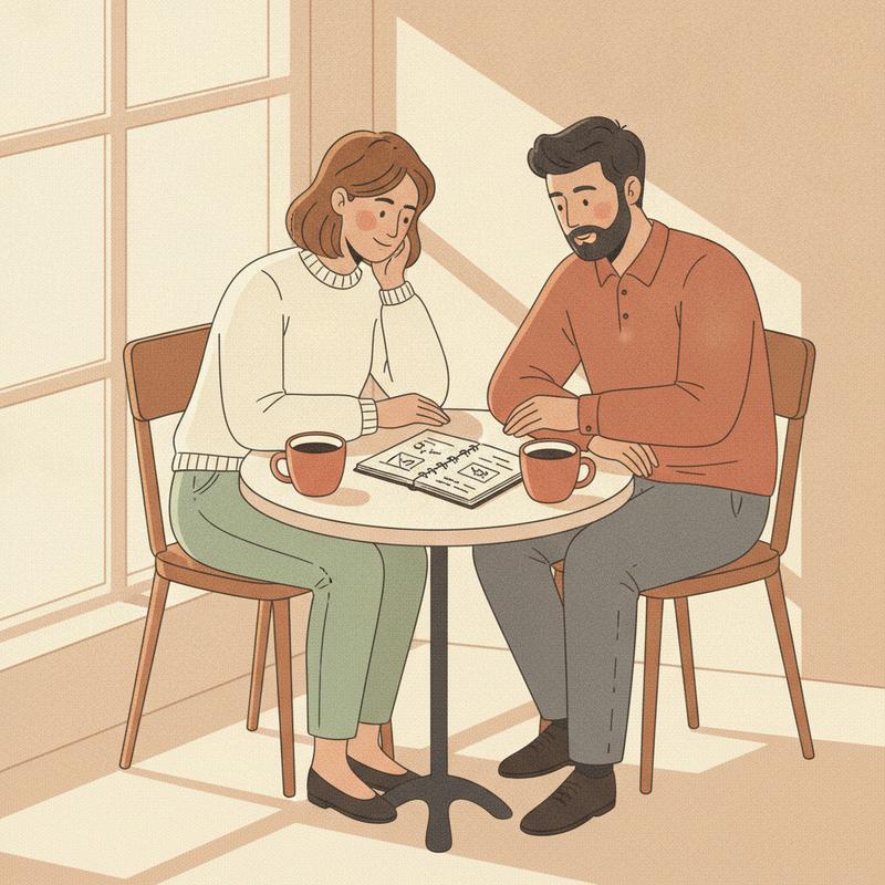 Two colleagues sitting side by side at a cafe table the next morning with coffee and an open notebook between them