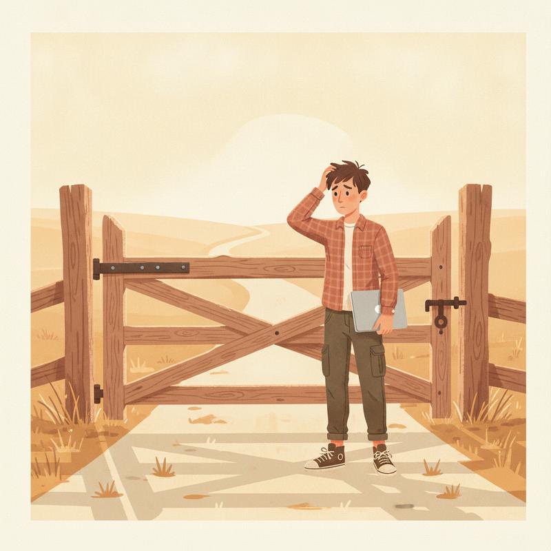 Illustration of a puzzled software engineer holding a laptop, standing in front of an old wooden gate across an empty country road