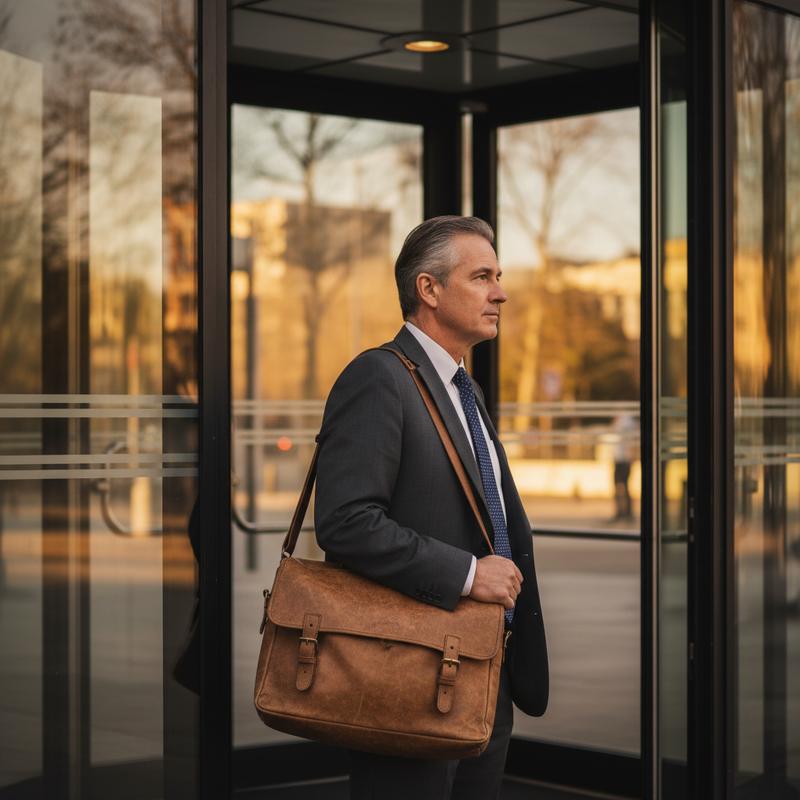 A man in his fifties pausing in a glass office doorway, looking out toward warm afternoon light