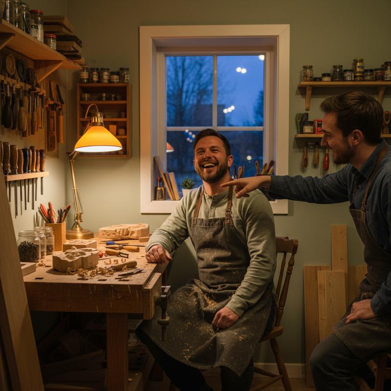 A small handcrafted workshop with warm light, two people laughing as one points to something on a workbench