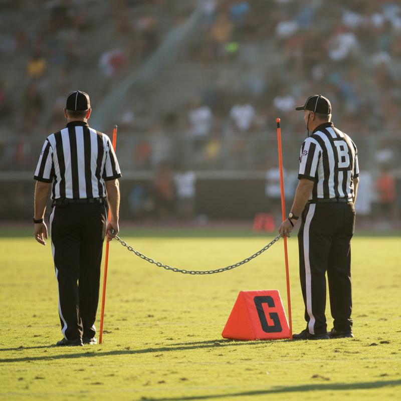 Two football officials on the sideline holding orange poles with the yardage chain stretched between them, a crowd blurred behind