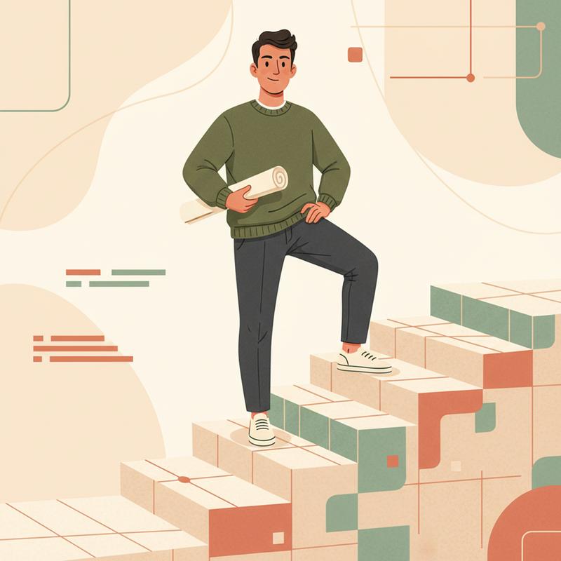 A software engineer standing calmly on a stack of tilted floor tiles, holding blueprints