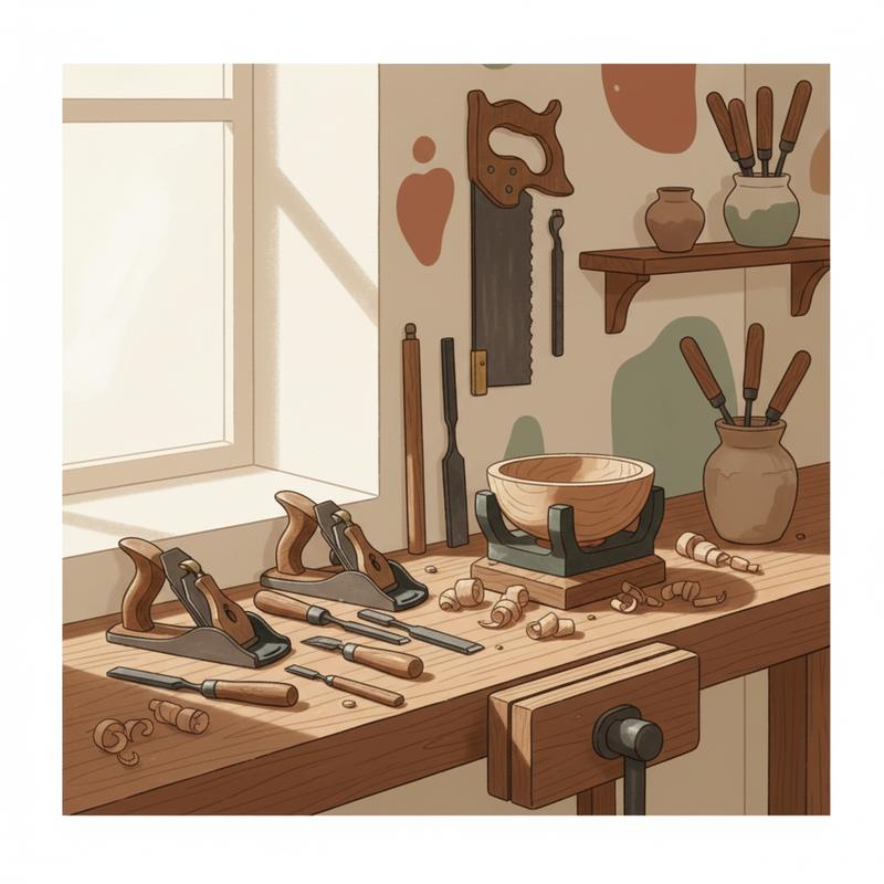 A quiet workshop bench with patient hand tools and a half-finished wooden product