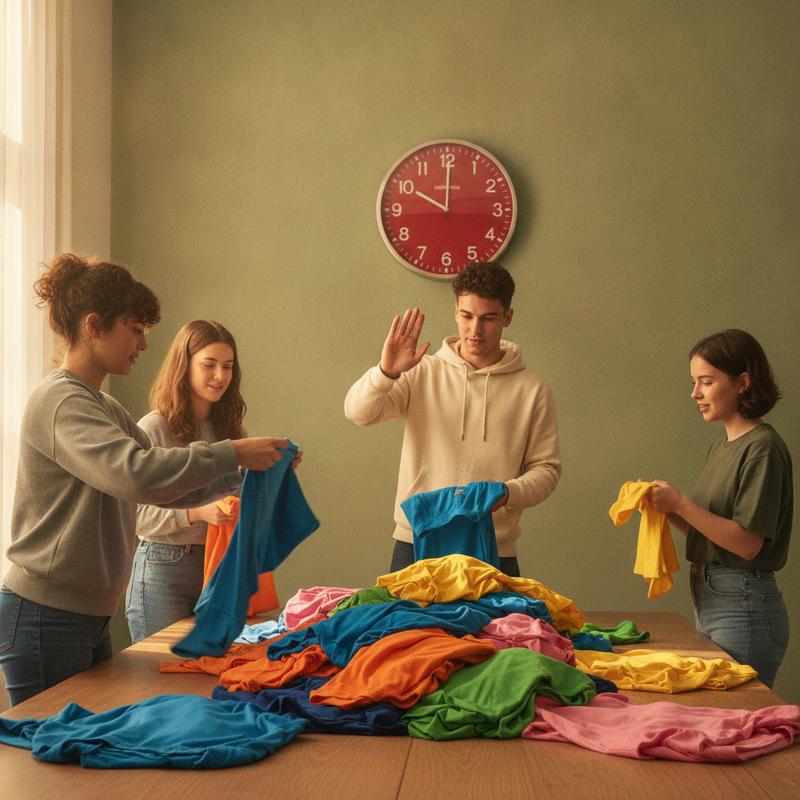 Four young people fold a pile of colorful T-shirts against a wall clock while the person at the head of the table holds up a hand to stop a suggestion