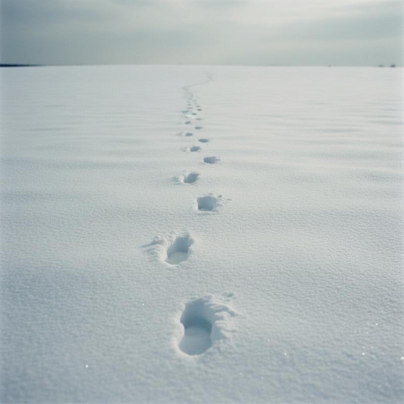 Footprints in deep snow, trailing off into the distance