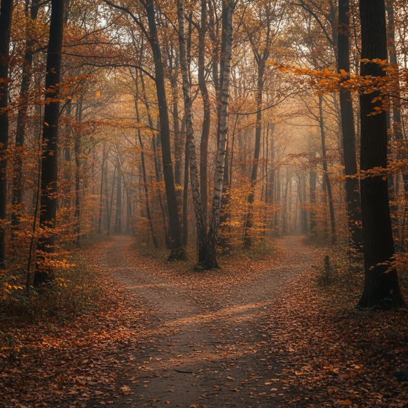 A fork in an autumn wooded path, two directions stretching into the trees