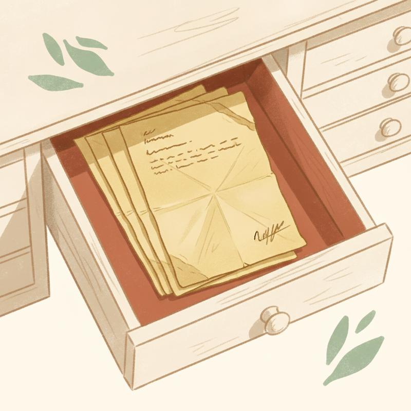 Open desk drawer containing four identical folded resignation letters stacked neatly inside