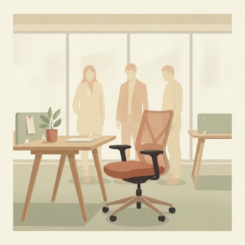 Empty office chair at a desk with three faint ghostly outlines of previous occupants standing behind it