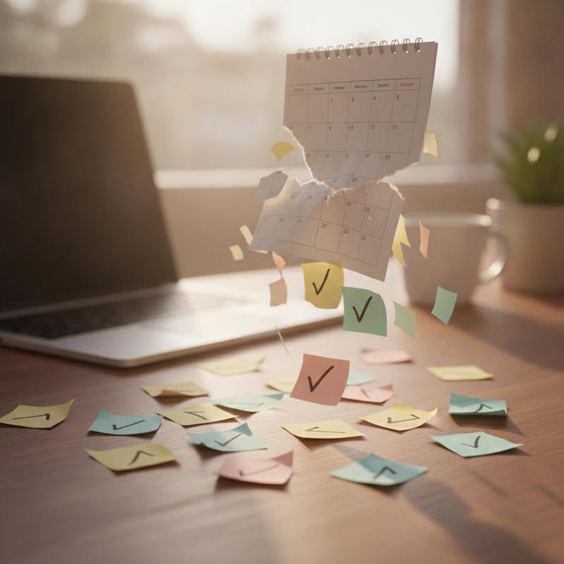 Sticky notes with checkmarks scattered across a desk, representing frequent small feedback instead of one big annual event