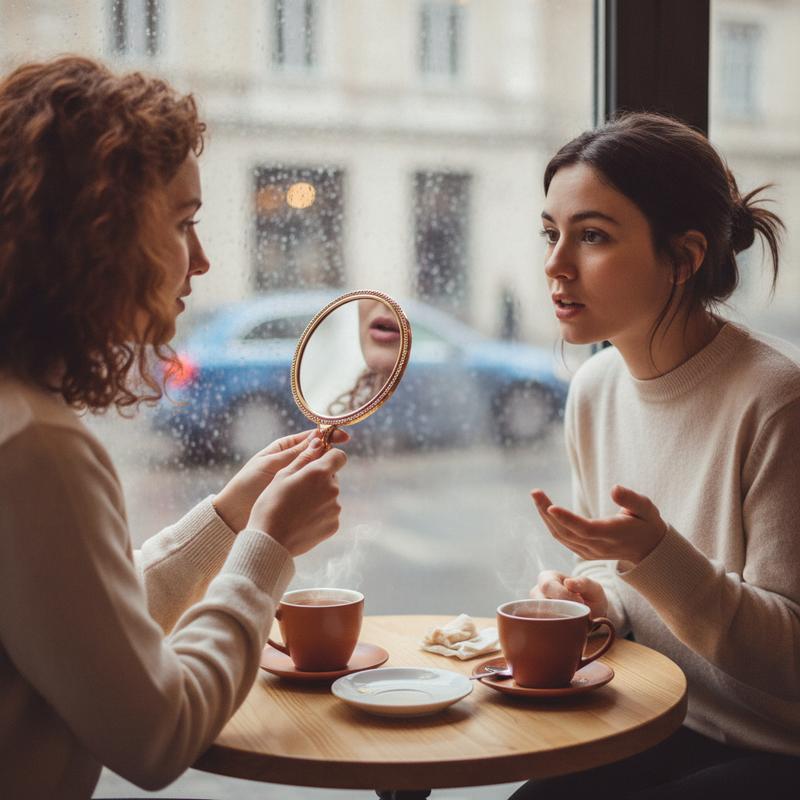 Two friends at a cafe table on a rainy day, one holding up a small hand mirror while the other pauses mid-sentence