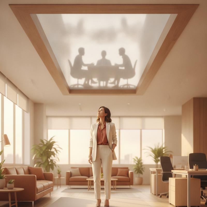 A woman in a bright office looks up at a frosted glass ceiling with blurred figures meeting above it
