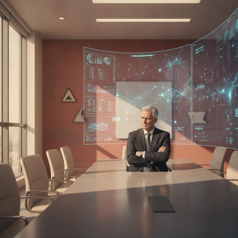 An executive sitting in a boardroom surrounded by AI dashboards, looking thoughtful and uncertain