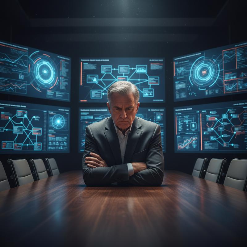 A frustrated executive in a boardroom with arms crossed while AI data flows on screens behind him he ignores
