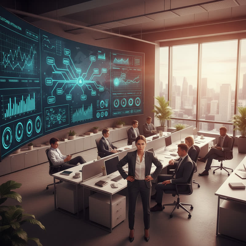 A business leader staring at AI dashboards while their team sits disengaged in the background