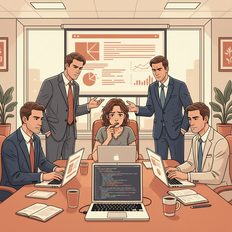 A frustrated software engineer in a leadership meeting surrounded by managers with PowerPoint slides while they have code on their laptop