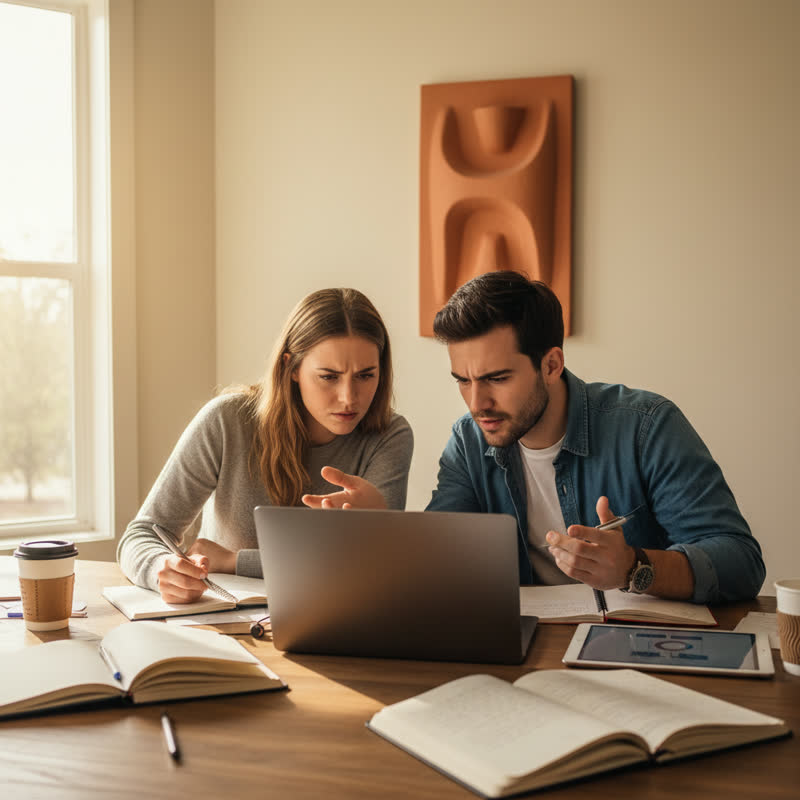 Two young professionals collaborating intensely over notes and a laptop