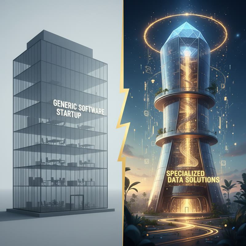 Generic versus specialized software: a plain empty box versus a glowing specialised data tower