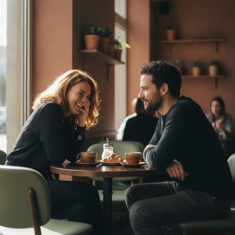 Two people at a small cafe table mid-conversation, one leaning in and listening intently