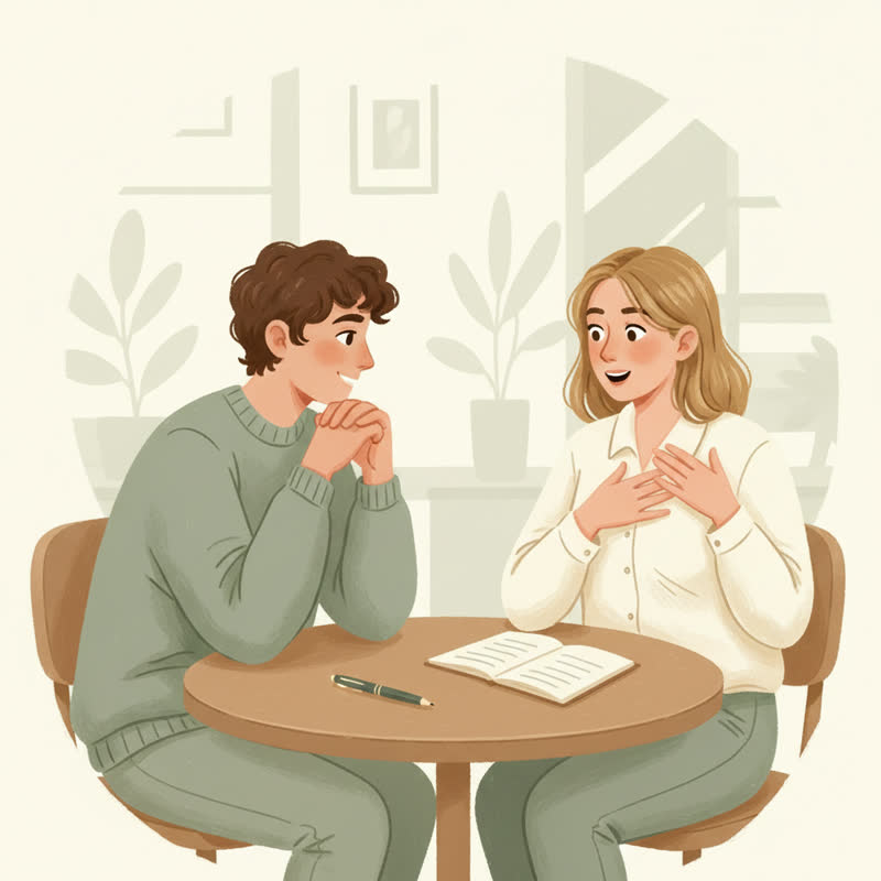 Two people in a genuine conversation, one leaning forward with attention, the other looking grateful to be heard