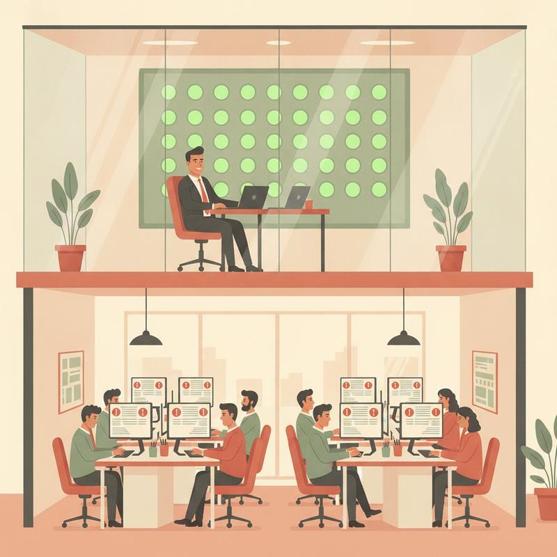 A manager in a glass office watches a dashboard of green lights while engineers below stare at red warnings on their screens
